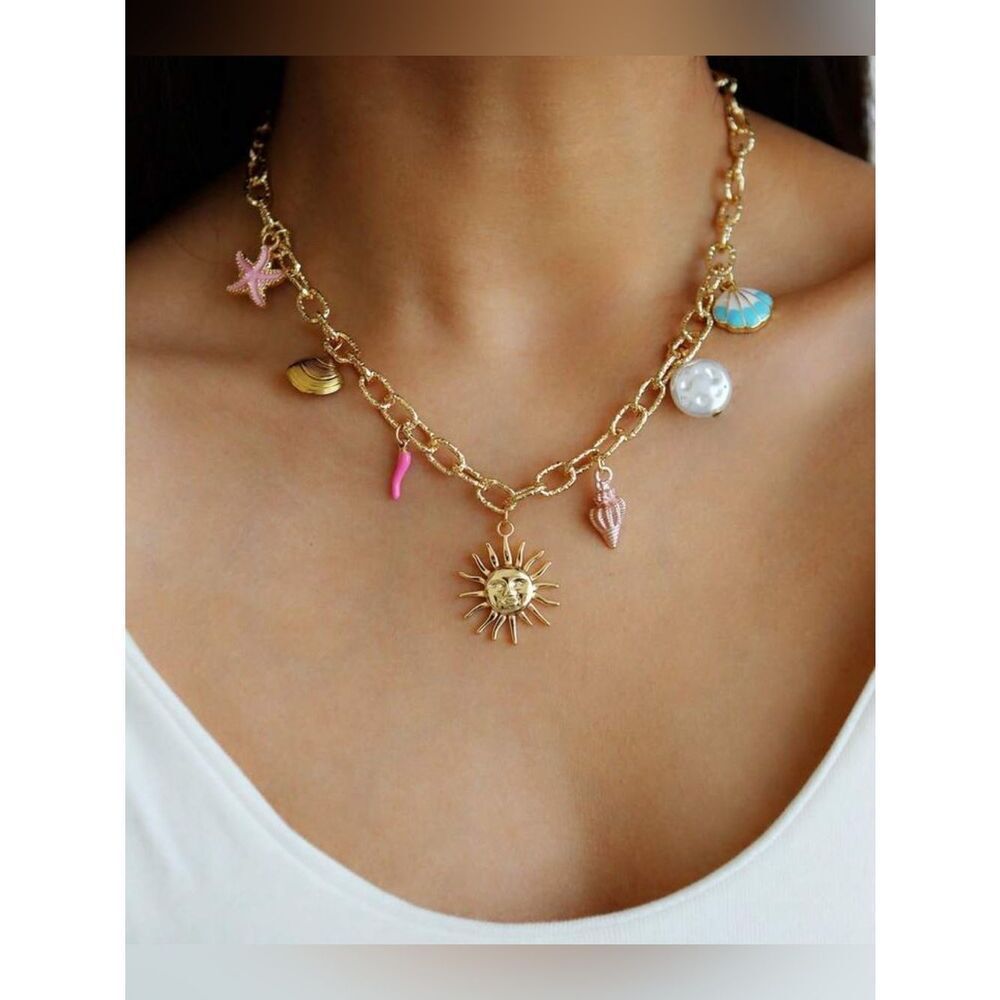 Gold Sun & Seashell Charm Necklace A1683